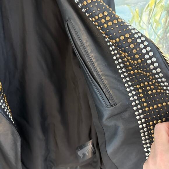 Versace H&M Black Studded Biker Moto Jacket Womens Medium - Picture 9 of 16